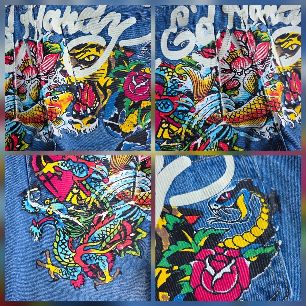 Ed Hardy Jeans Size 28 (30" Waist) Painted Tattoo Dragon Koi Y2K Baggy Low Rise - Picture 7 of 10